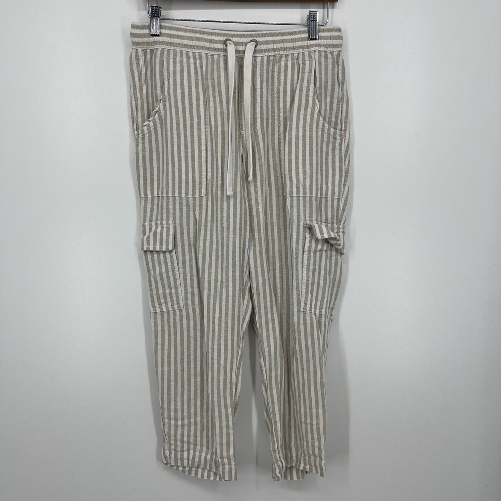 Sanctuary Anthropologie Linen Pants Women's S Beige Striped Capri Beach Pockets
